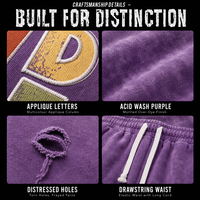 Shorts de survêtement personnalisés violet délavé à l'acide 320 g/m² avec lettres appliquées, ourlet brut vieilli et trous déchirés, style streetwear OEM ODM
