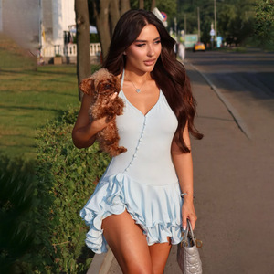 Robe Courte Femme Col Halter et Col en V Dos Nu Boutonnée Taille Naturelle pour Soirée Décontractée et Rendez-vous Galant - Product Image 3