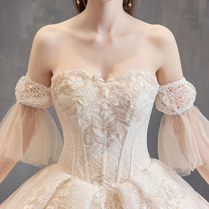 Elegant Strapless Champagne Ball Gown Wedding Dress With Long Train Vintage Style For Bridal Wear - Product Image 4