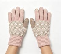 Gants tricotés en acrylique/coton, chauds, compatibles écran tactile, motif jacquard géométrique, rose et gris, blocs de couleur, élégants, pour sports d'hiver