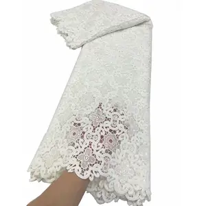 Elegante tela de encaje calado de guipur blanco bordado francés lentejuelas vestido de novia tela de encaje adecuada para boda