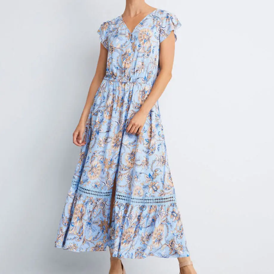 Custom Summer High Quality Chiffon V Neck Print Floral Dresses Extended Sleeve Printed Maxi Dress