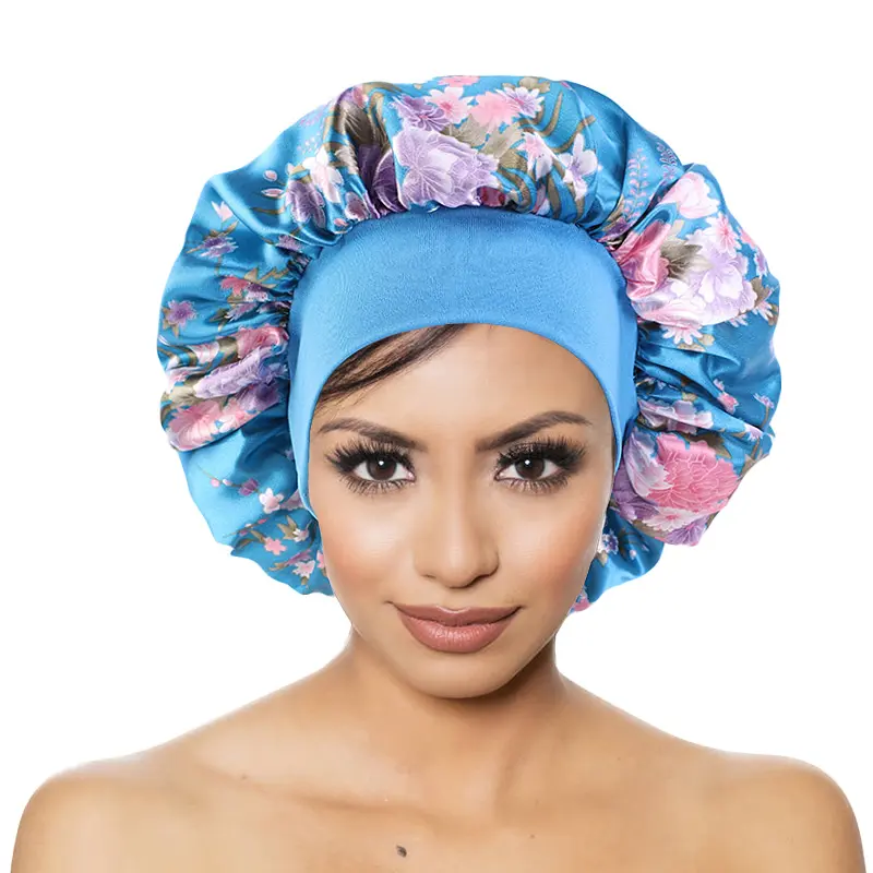 Bonnet Women Women Sleep Night Cap Wide Band Floral Print Satin Bonnet Hat Beauty Hair Care Cap Chemo Beanie Curly Springy Hair Accessories