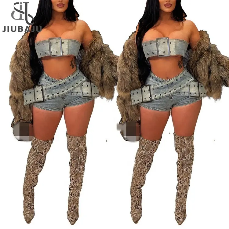 Denim femmes ensemble sans manches bustier tubulaire et oeillet taille haute Mini Shorts 2024 deux 2 pièces ensembles tenue