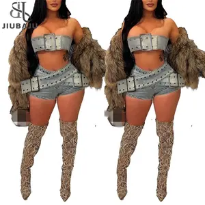 Denim Women's Set Sleeveless Tube Top and Eyelet High Waist Mini Shorts 2024 Two 2 Piece Sets Outfit