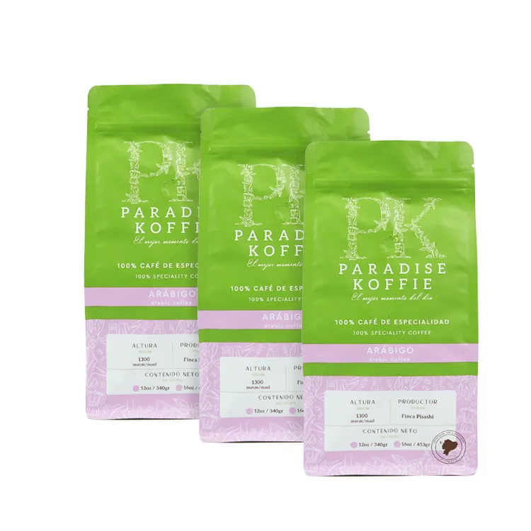 Sacos de café verdes impressos personalizados com válvula e zíper Embalagem personalizada Saco de grãos de café com fundo plano 250gr 250g