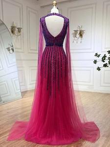 Fuchsia Kralen A-Line Avondjurk Cape Mouwen Tot Op De Grond Geïnspireerde Beroemdheden Ademend Voor Vrouwen - Product Image 5