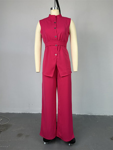 Completo Due Pezzi da Donna Estivo con Camicia a Collo Alto Abbottonata e Vita Stretta con Laccetto e Pantaloni a Gamba Larga - Product Image 4