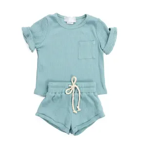 Klassieke Zomer Kinderen Baby Stretch Pak Met Korte Mouwen Geribbelde Babykleding Set