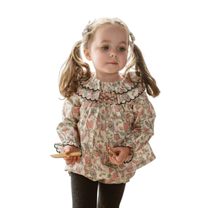 Maglietta Estiva in Cotone con Collo Tondo e Volant Floreali per Bambine, Polo Personalizzata per Bambini con Maniche Lunghe e Design Floreale Carino - Product Image 1