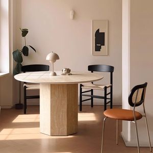 Table à manger ronde en bois massif avec plateau en marbre, design minimaliste, idéale pour les petits appartements, structure stable - Product Image 1