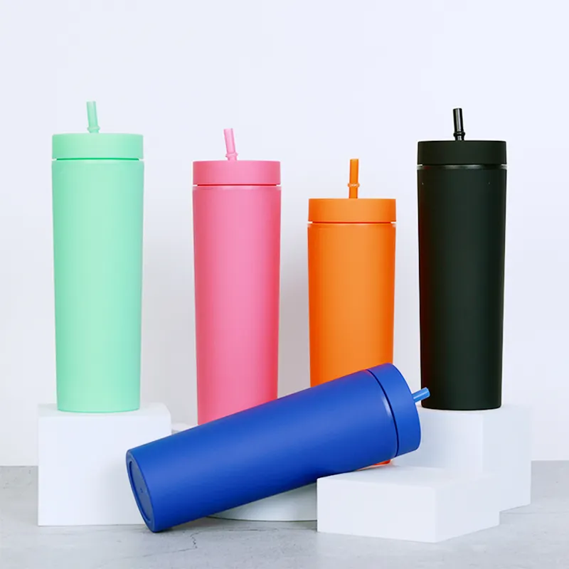 Kustom dapat digunakan kembali 16OZ warna Matte akrilik gelas Tumbler ganda sebagai dinding plastik kurus cangkir dengan tutup dan sedotan