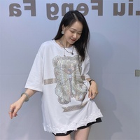 LFF-1673/T-shirt décontracté pour femme en coton et polyester à manches courtes avec patchwork en dentelle, nouveau modèle d'été, longueur moyenne, imprimé ours