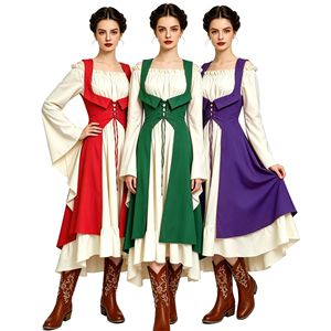 Robe de style rétro médiéval Renaissance pour femme adulte, tenue de performance, violette, verte, rouge, à manches longues, épaules dénudées, costume - Product Image 1