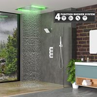 HOMEDEC Système de douche complet LED 14x20 po avec plafonnier 2 fonctions, mural 6 po, 3 poignées, mitigeur 4 voies et douchette à main chromée