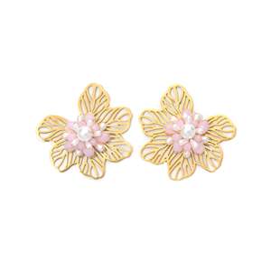 Fashion Drop Earrings Gold Plated 316L Stainless Steel Flower Design With Pearls For Women - Product Image 1