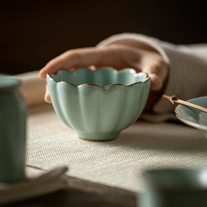 Tianqing Ru Kiln Small <b>Teacup</b> Chrysanthemum Petal Shape Handmade Porcelain Master Cup For Pu'er Tea Tasting - Product Image 2