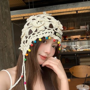 Chapeau à franges tricoté à la main de style ethnique, en coton beige respirant, casquette rétro pour femmes printemps-été - Product Image 4