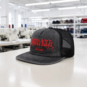 Gorra de béisbol snapback personalizada para niños, estilo camionero de <span class=keywords><strong>Miami</strong></span>, lavada, con visera plana, bordado rojo gótico, malla, estilo étnico vintage streetwear - Product Image 2