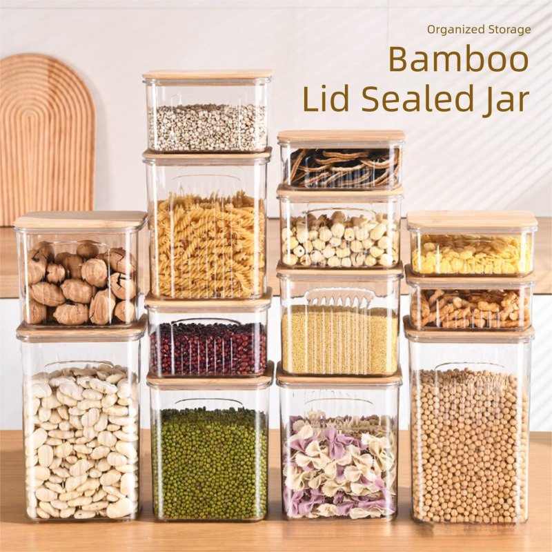 Transparent Acrylic Canister Large Containers Stackable Plastic Boxes Dry Cereal Food Airtight Storage Jar With Bamboo Lid