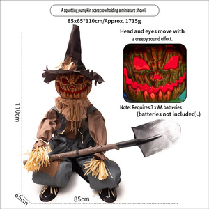Nouveautés : Effrayant Épouvantail Halloween Agé et Accroupi Tenant une Pelle, avec Capteur Sonore Électrique et Lumineux, Accessoire d'Horreur pour Maison Hantée et Jardin - Product Image 4
