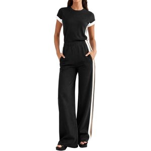 Combinaison une pièce pour femmes, pantalon à jambes larges, manches courtes, couleur unie, col rond, tenue de voyage et d'entraînement longue - Product Image 1
