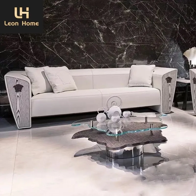 Canapé en cuir blanc, meubles de salon de luxe, marque à la mode italienne, design moderne, dentelle
