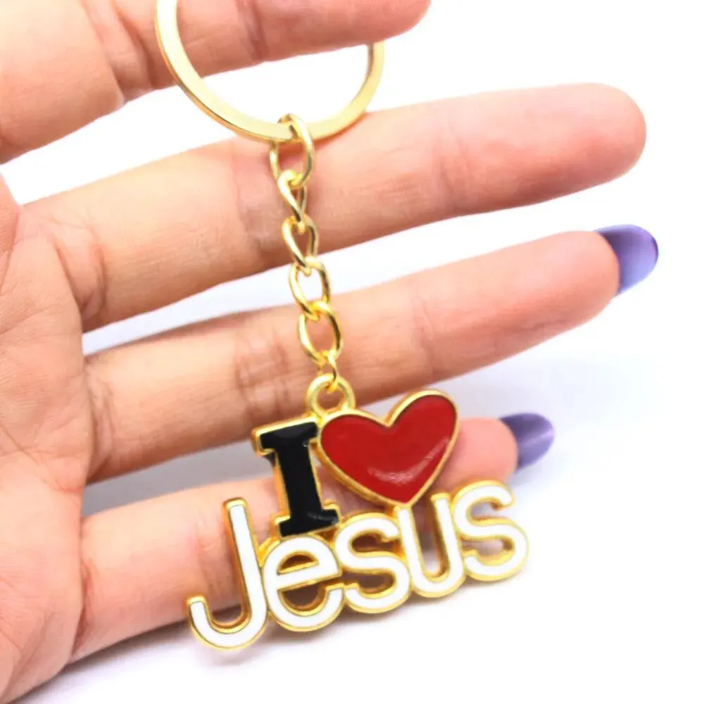 Özel kendi tasarım DIY mektup anahtarlık sert emaye ben aşk İsa Metal anahtarlık hıristiyan dini İsa kolye anahtarlık