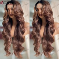 Perruque Synthétique KEMY HAIR à Onde Lâche avec Raie en T, Vente en Gros, Mélange Cuivré Brun Résistant à la Chaleur, Perruques Synthétiques pour Femmes