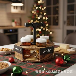 Wooden <b>Beer</b> Tray With Wrought Iron Handle 6 Cup Holder For Lager Stout Serving - Product Image 3