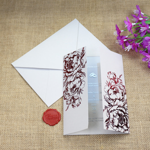 Ensemble d'enveloppes de mariage en vélin rose pêche luxueux avec pochette, motif floral pivoine et rose en feuille d'or, sceau de cire, impression personnalisée L - Product Image 4