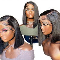Perruques Bob Courtes Ultra-Lisses en Cheveux Humains, Perruques Frontales en Dentelle HD Sans Colle pour Femmes, Perruques Bob en Cheveux Humains Double Drawn SDD Pas Chères