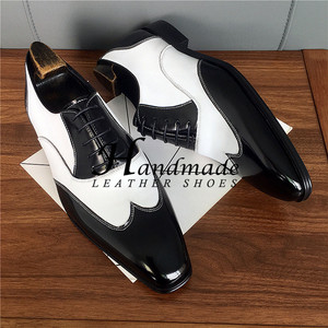 Chaussures habillées pour costumes, chaussures de soirée, chaussures pour hommes, chaussures en cuir véritable noir et blanc rétro, chaussures habillées en cuir brillant - Product Image 3