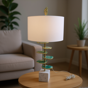 Lámpara de Mesa con Base de Ágata Verde, D15x29.5, Base de Mármol, Pantalla Blanca Tipo Tambor, Iluminación Decorativa, Decoración Contemporánea para el Hogar - Product Image 2