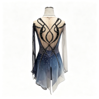 Costume de patinage artistique gris bleu dégradé avec strass, jupe en maille ajourée à dos ouvert pour filles et adultes, compétition de danse sur glace