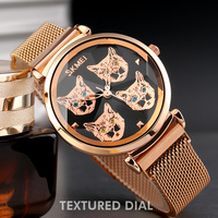 Montre de sport pour femme SKMEI 1767, design mignon avec visage de chat, verre multi-angles, bracelet en acier inoxydable, boucle magnétique, quartz