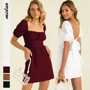 Casual Wear Hollow Out Backless Ruffle Bow Back Lace Up Puff Sleeve Mini Elegant Dress Women's Clothing