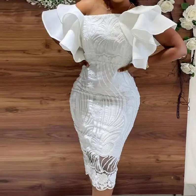 2022 Dresses Women Latest Elegant White Lace Chic Party Dress One Shoulder Ruffle Lady Evening Dress