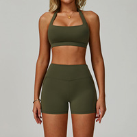 Ensemble de yoga 2 pièces extensible et ajusté : Soutien-gorge de sport dos échancré à col carré et short de sport sculptant le ventre et rehausseur de fesses