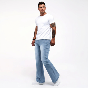 Jean évasé bleu clair pour homme, en denim de coton respirant délavé au sable, taille mi-haute, coupe droite, décontracté, pour le printemps, fabriqué au Bangladesh, couleur unie - Product Image 5