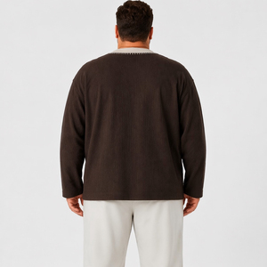 男式纹理棉质长袖 T 恤，圆领，撞色领子，休闲大码，宽松版型，6XL 7XL - Product Image 3