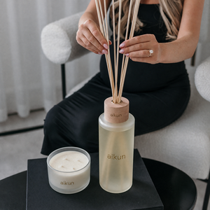 Aikun Frosted Cylindrical Glass Wooden Cap Natural Rattan Round Jar Fragrance <b>Reed</b> <b>Diffuser</b> And Scented Candle Set <b>for</b> Bedroom - Product Image 1