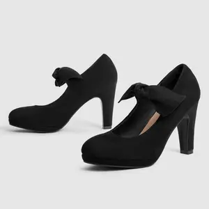 Tại Chỗ Bán buôn ngọt ngào Bow-tied Chunky gót chân vòng Toe thoải mái Slip-On của phụ nữ nền tảng Mary Jane Giày