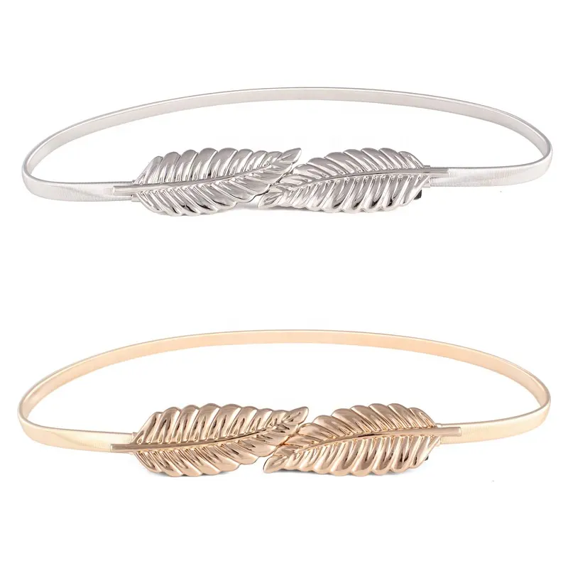 Ladies Fancy Accessories Metal Leaves Gold Silver Elastic Stretch Waist Belt Strap Cummerbund Waistband