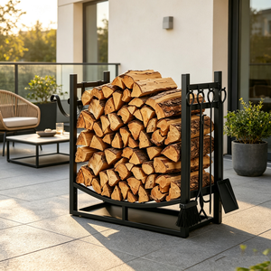 Freestanding Unique <strong>Firewood</strong> Rack with Side Hooks Heavy Duty Metal Log <strong>Storage</strong> for Outdoor Courtyard Fire Pit - Product Image 5