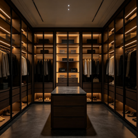 Système de dressing sur mesure de luxe avec portes vitrées, unité de toilette centrale, zone de suspension et éclairage LED intégré pour chambre à coucher