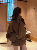Manteau en laine, manteau court en laine camel vintage pour femme, style robe cintrée à la taille, veste extérieure camel