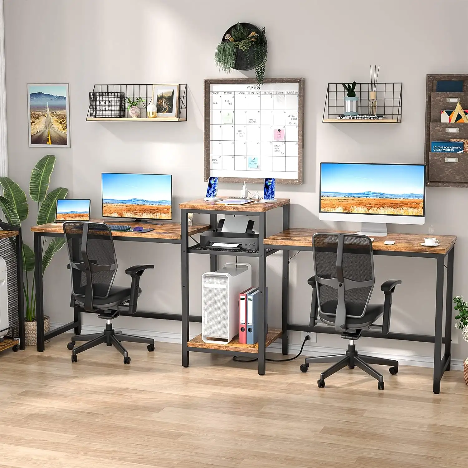 Double Long Office Table Game Two Person Computer Desk with Open Storage Shelves and Printer Stand for Home