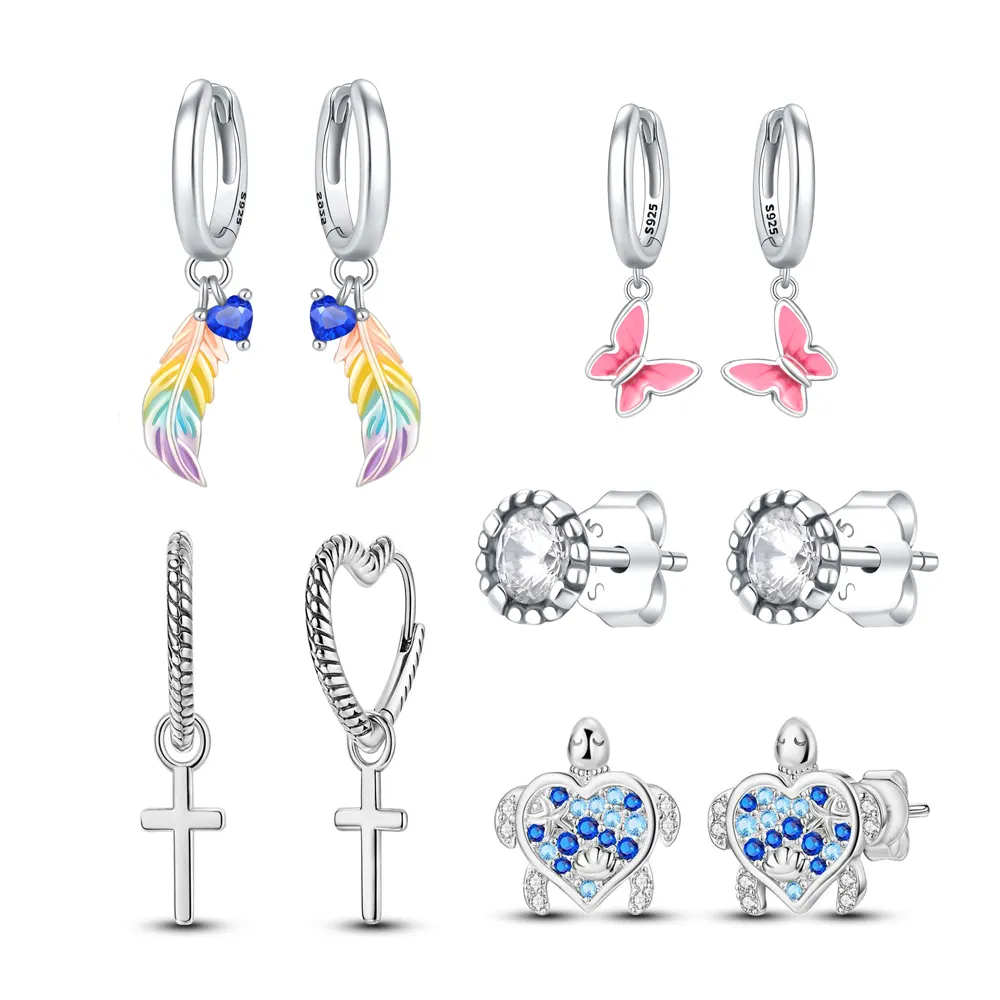 Nuovo design colorato di diamanti tartaruga farfalla orecchini di piume 925 in argento Sterling orecchini a cerchio per le donne regali gioielli all'ingrosso