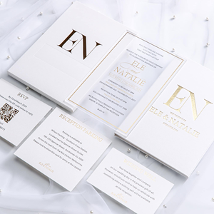 Invitaciones DE BODA texturizadas personalizadas, libro en folio de tapa dura, tarjetas de acrílico esmerilado con impresión de lámina dorada y bolsillo acanalado - Product Image 5